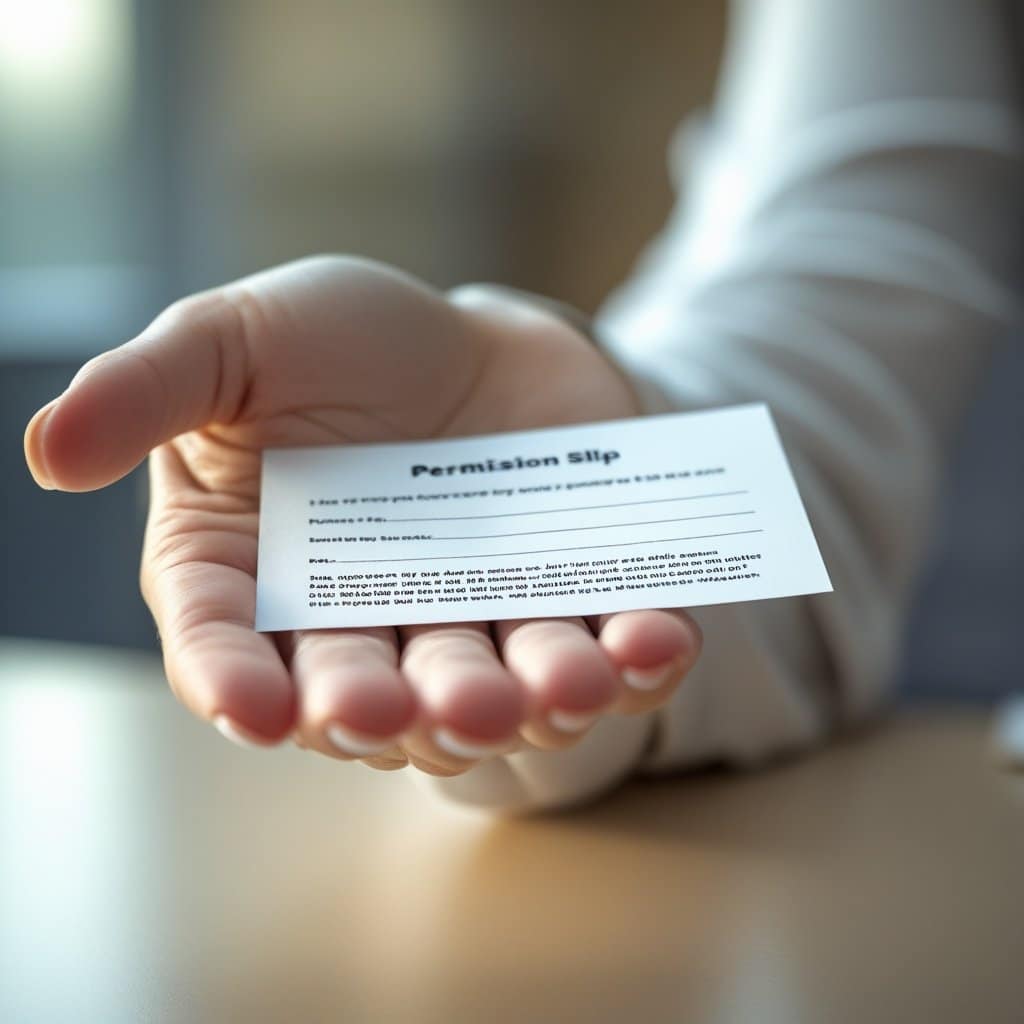 a woman's outstretched hand holding a permission slip. Created by Koala Writer.