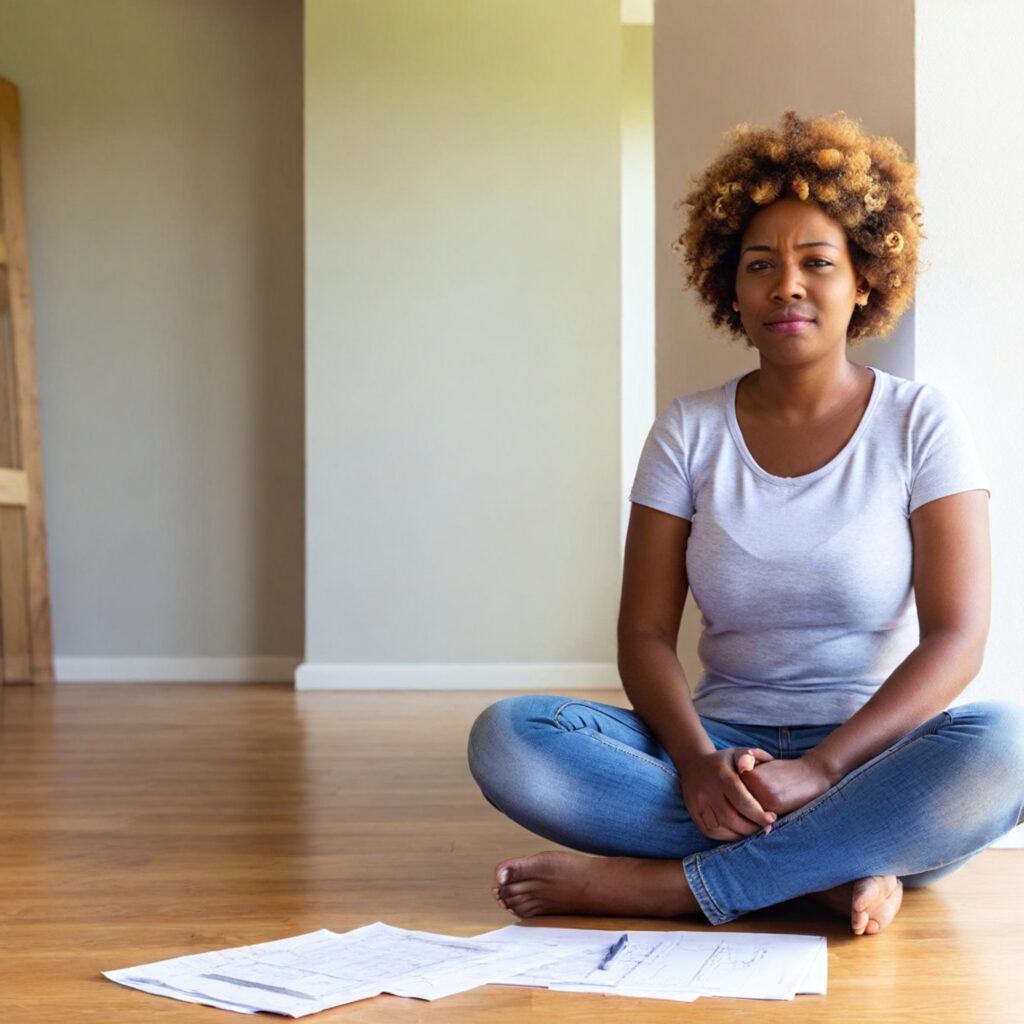 woman sitting on floor with confused expression on her face and paper scattered on the floor. Generated by Depositphotos AI. 