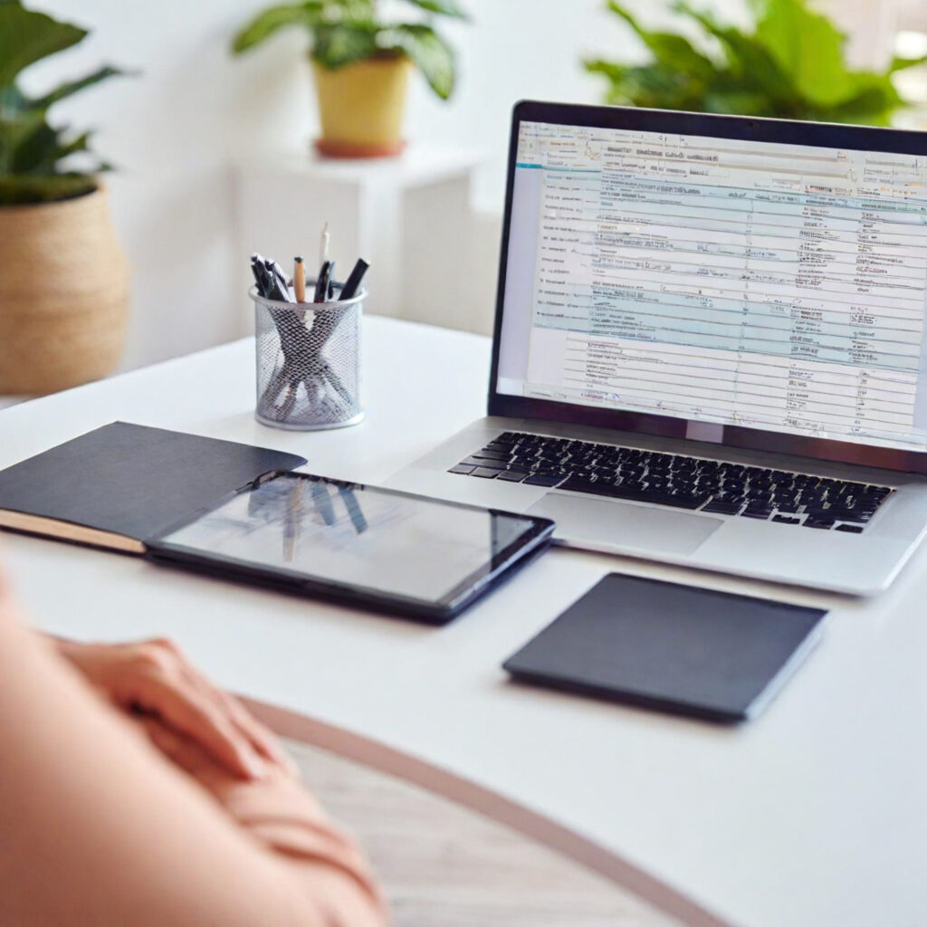 woman sitting at desk looking at budget on computer