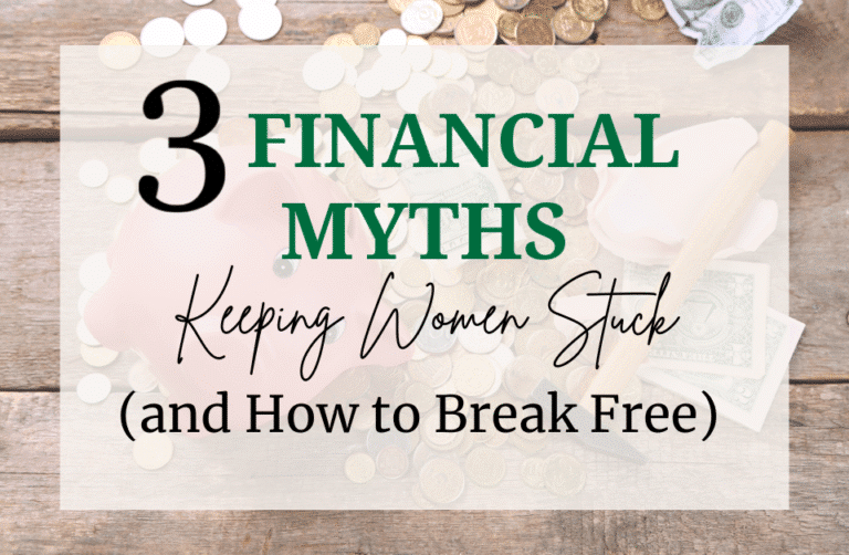 title card of financial myths overlaud table with scattered coins and broken piggy back