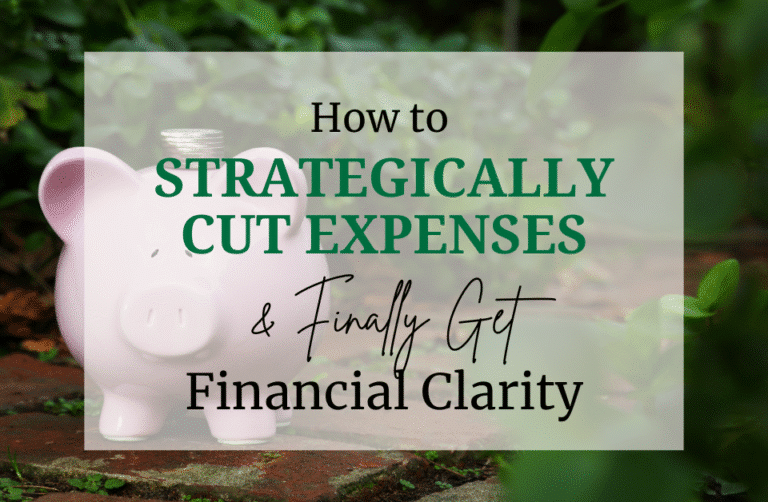 cut expenses tile card over background photo of pink ceramic piggy bank outside surrounded by greenery