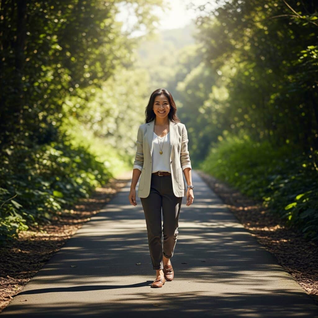 woman walking confidently down an open path