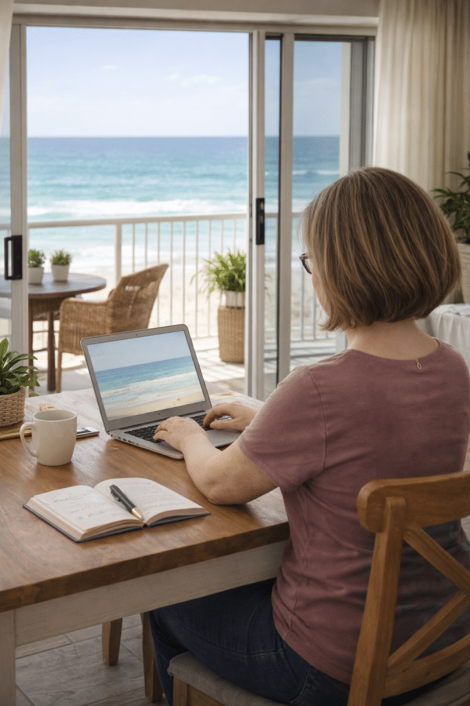 woman working on computer facing ocean. ChatGPT generated image