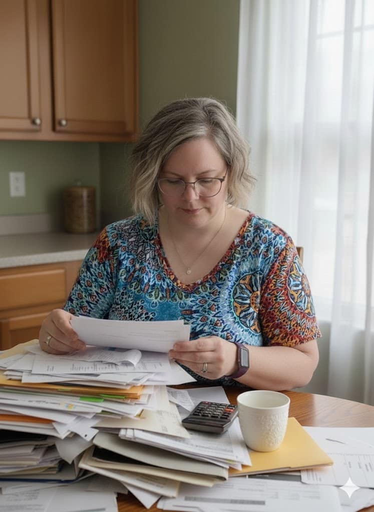 woman at kitchen table examining stack of papers feeling behind financially. ChatGPT generated image